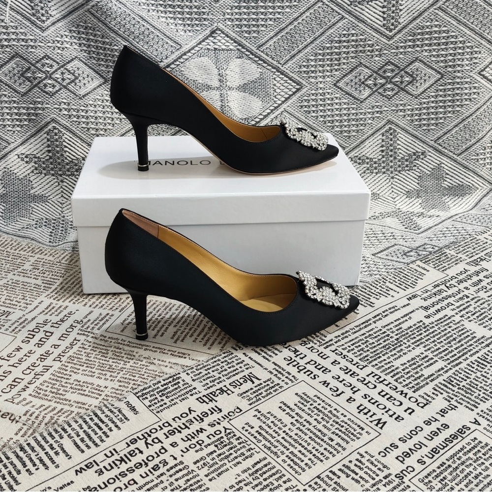 Manolo Blahnik Black Satin Pointed Pumps with Crystal Embellishment